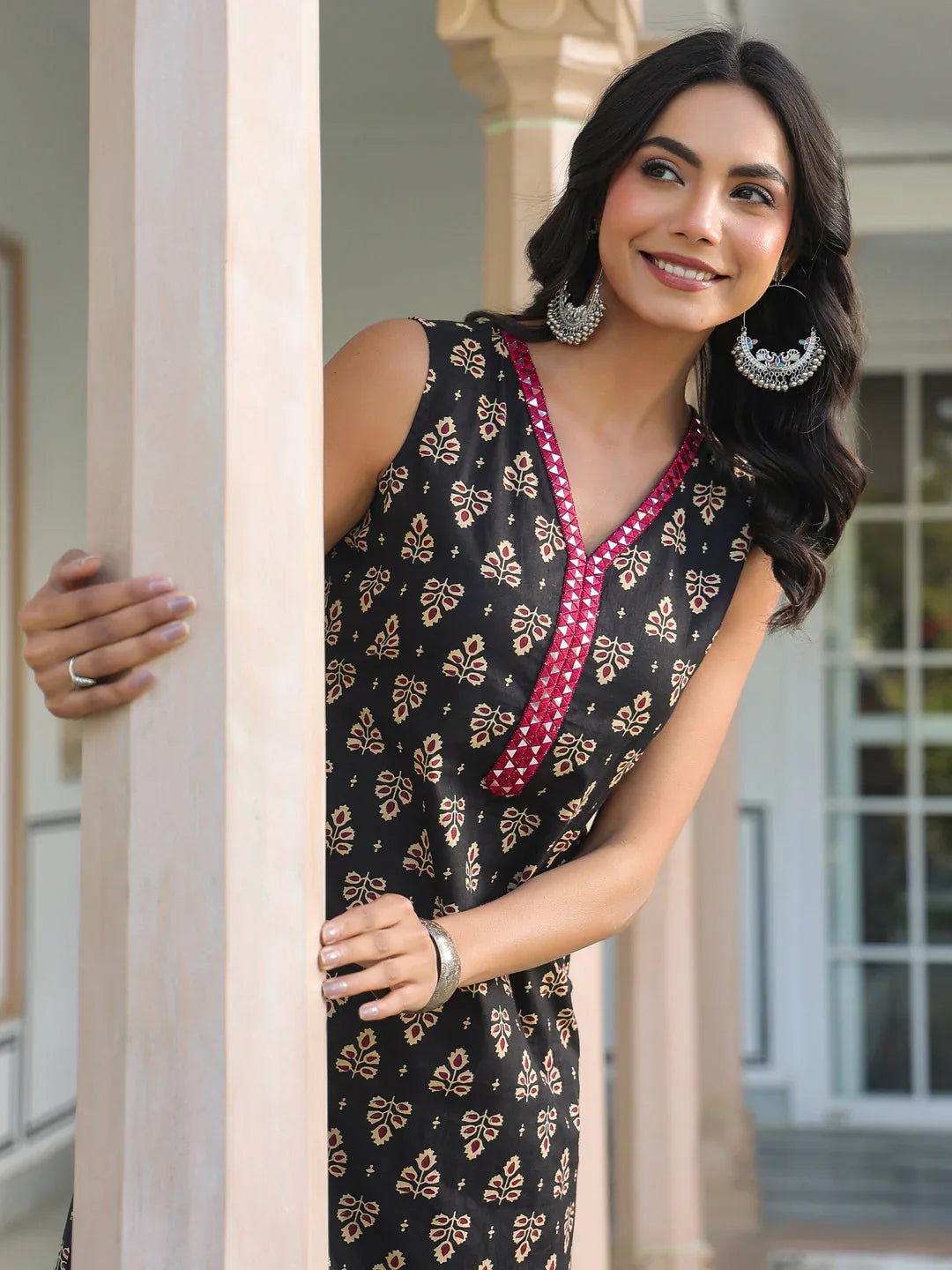 Black Pure Cotton Floral Printed Straight Kurta Set