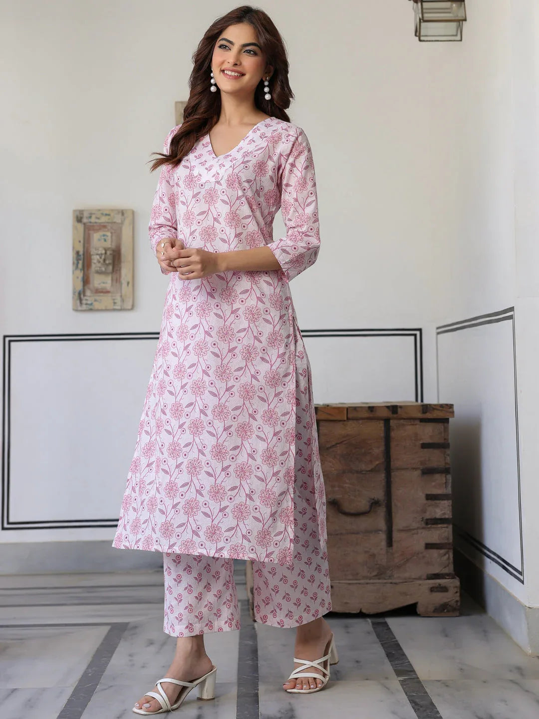 Light Pink Pure Cotton Floral Printed Straight Kurta Pant Set