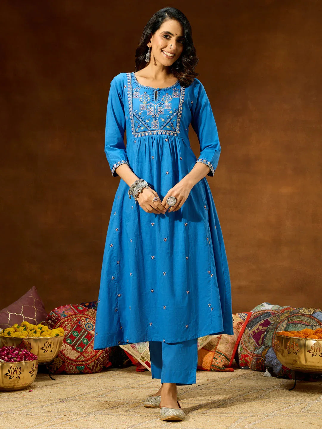 Janasya Women's Blue Pure Cotton Embroidered A-line Kurta With Pant Set