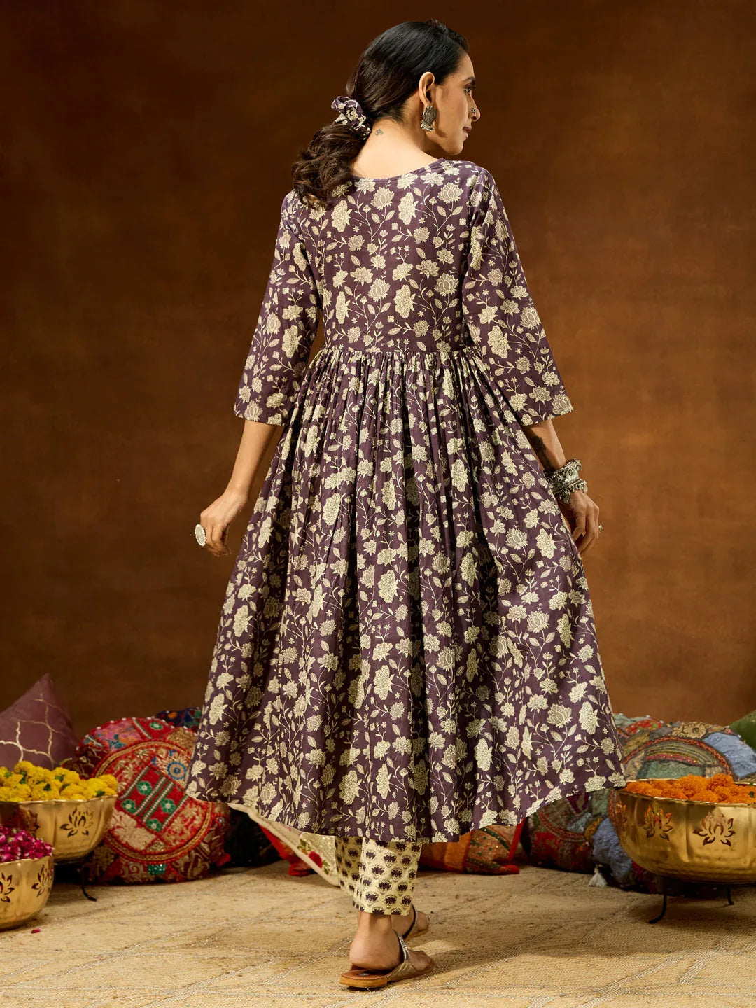 Janasya Women's Purple Pure Cotton Floral Printed A-line Kurta Pant Set