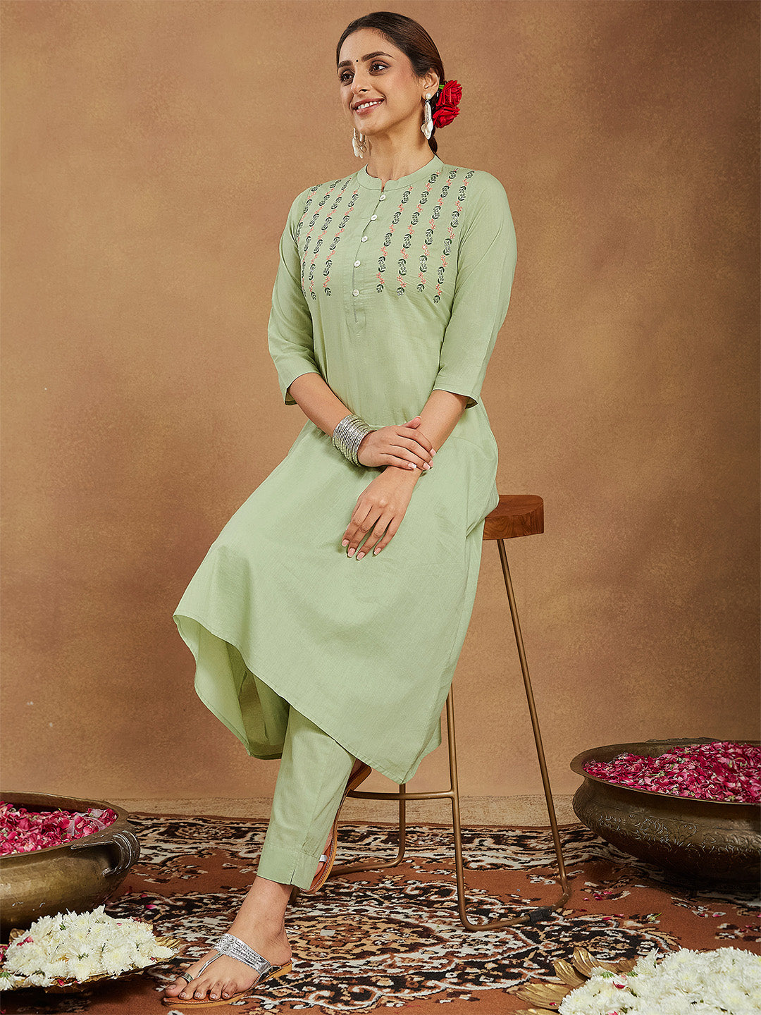 Janasya Women's Mint Green Pure Cotton Embroidered A-line Kurta Pant Set - qivii