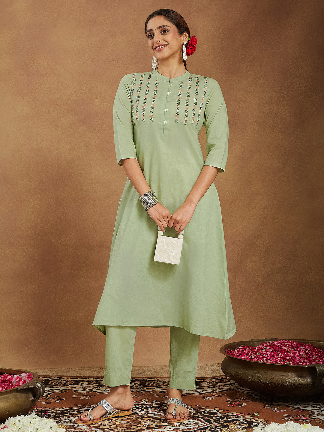 Janasya Women's Mint Green Pure Cotton Embroidered A-line Kurta Pant Set - qivii