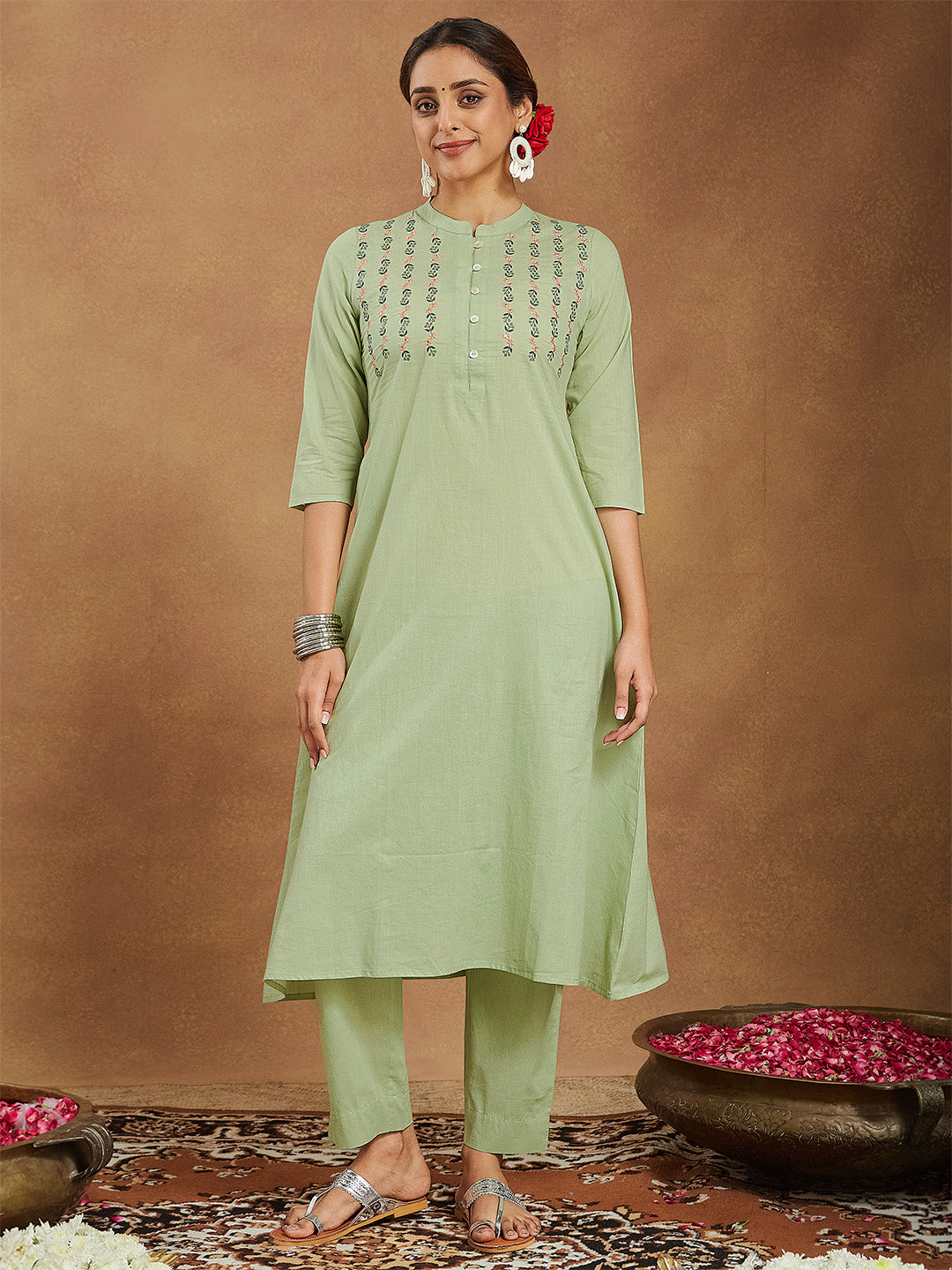 Janasya Women's Mint Green Pure Cotton Embroidered A-line Kurta Pant Set - qivii