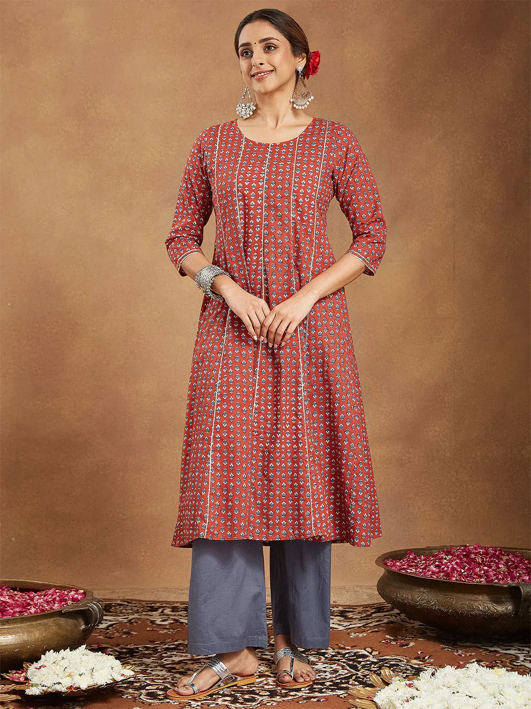 Janasya Women's Red Pure Cotton Floral Printed Anarkali Kurta With Palazzo Set