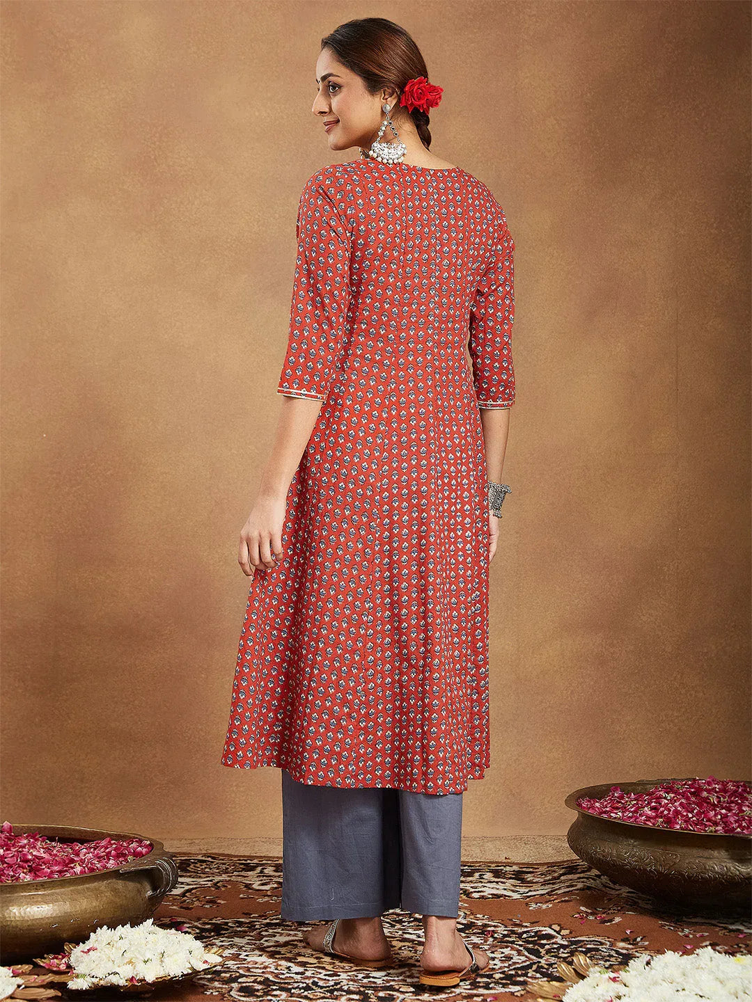 Janasya Women's Red Pure Cotton Floral Printed Anarkali Kurta With Palazzo Set