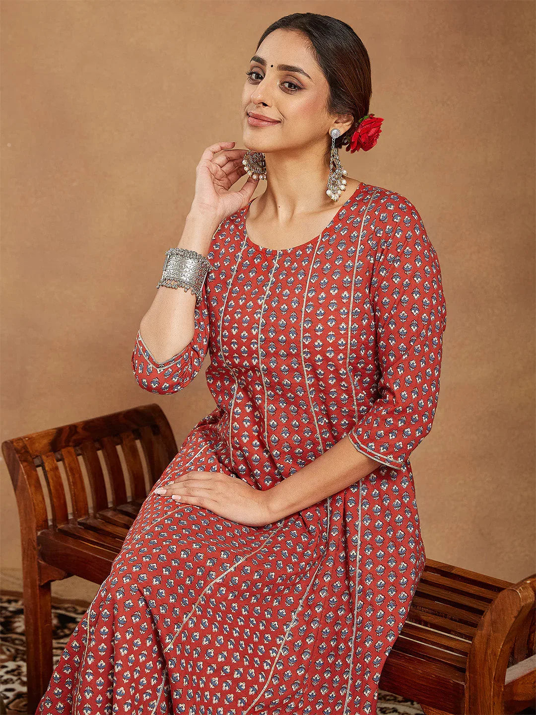 Janasya Women's Red Pure Cotton Floral Printed Anarkali Kurta With Palazzo Set