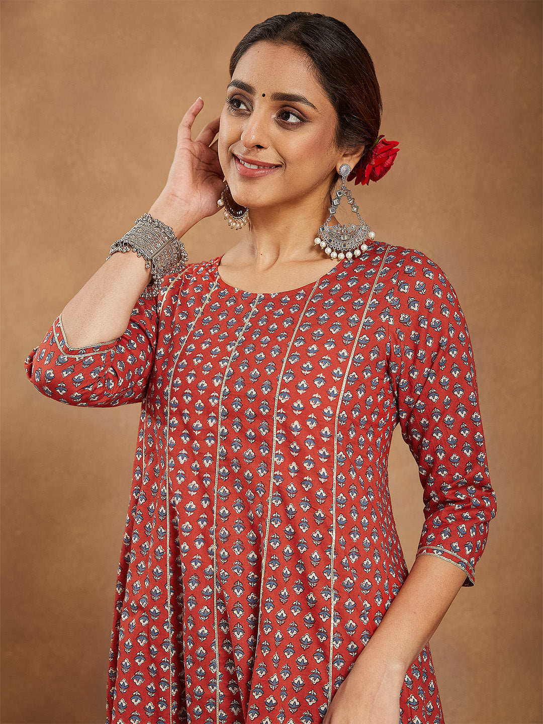 Janasya Women's Red Pure Cotton Floral Printed Anarkali Kurta With Palazzo Set - qivii