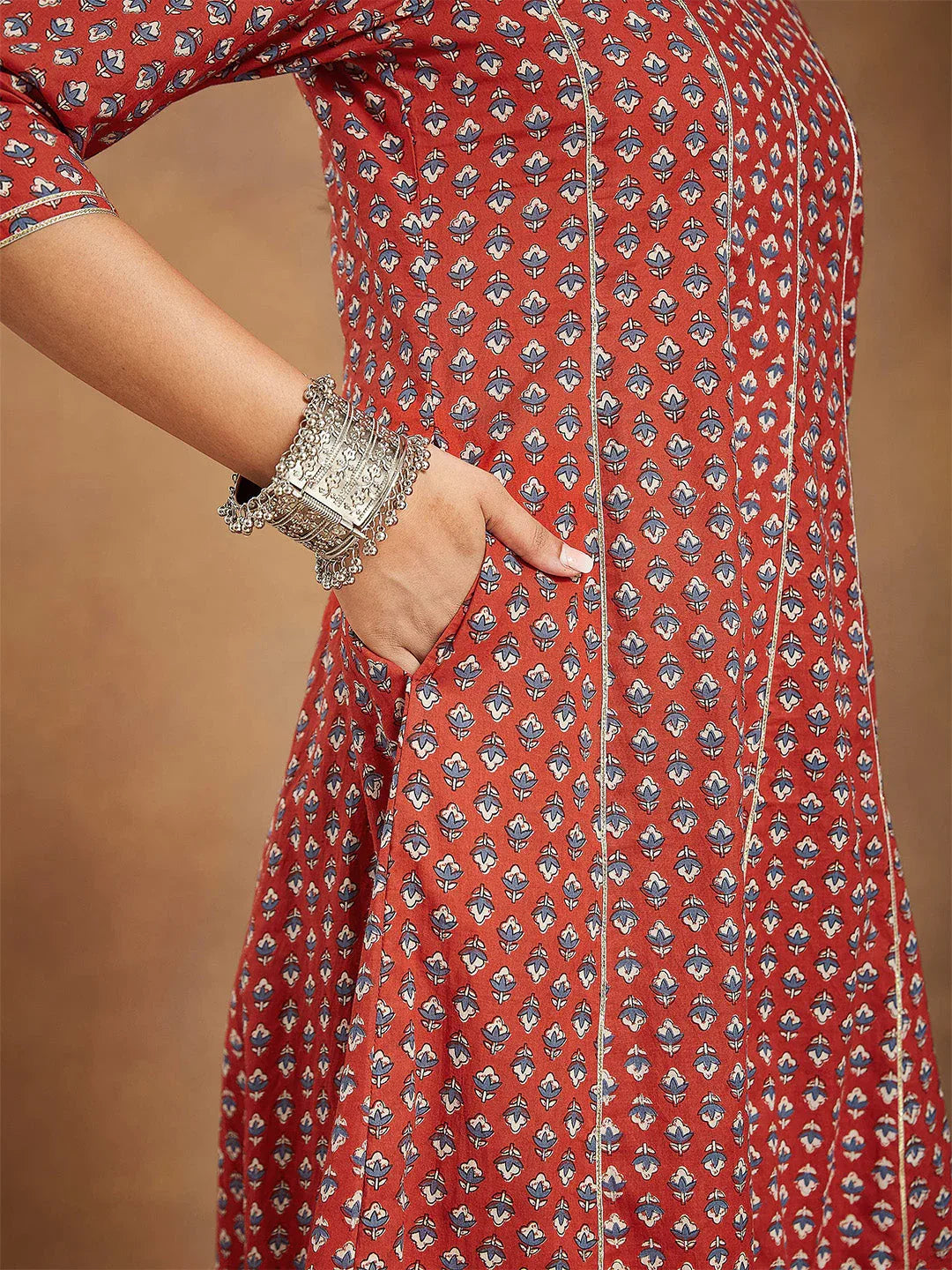 Janasya Women's Red Pure Cotton Floral Printed Anarkali Kurta With Palazzo Set