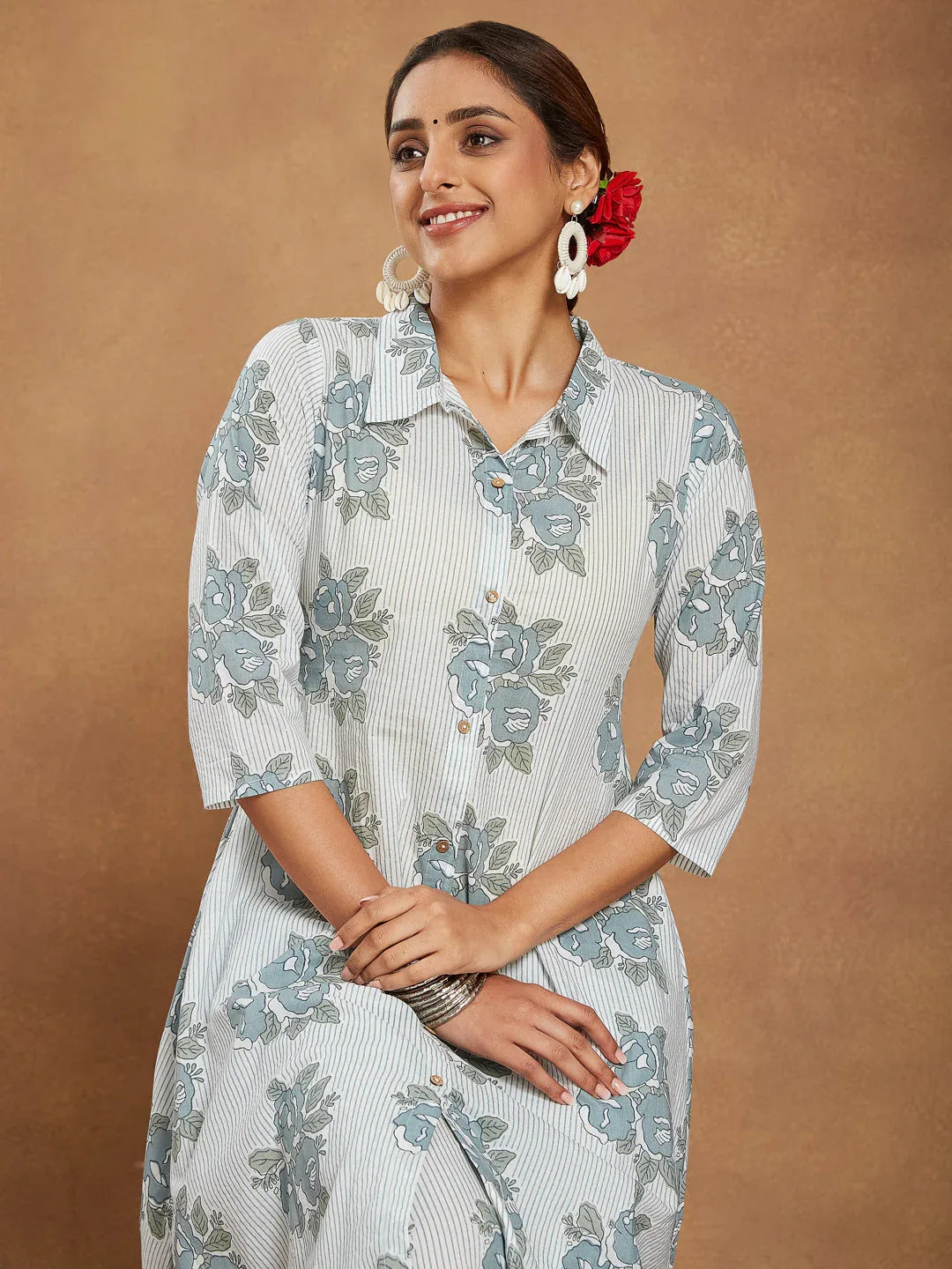 Janasya Women's White Pure Cotton Floral Printed A-line Shirt Style Kurta With Pant Set