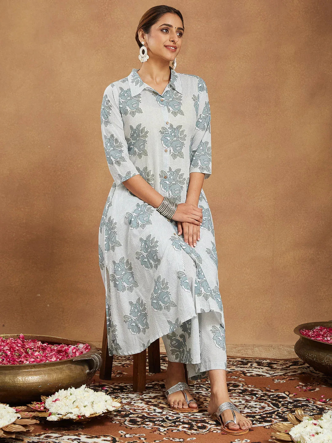 Janasya Women's White Pure Cotton Floral Printed A-line Shirt Style Kurta With Pant Set