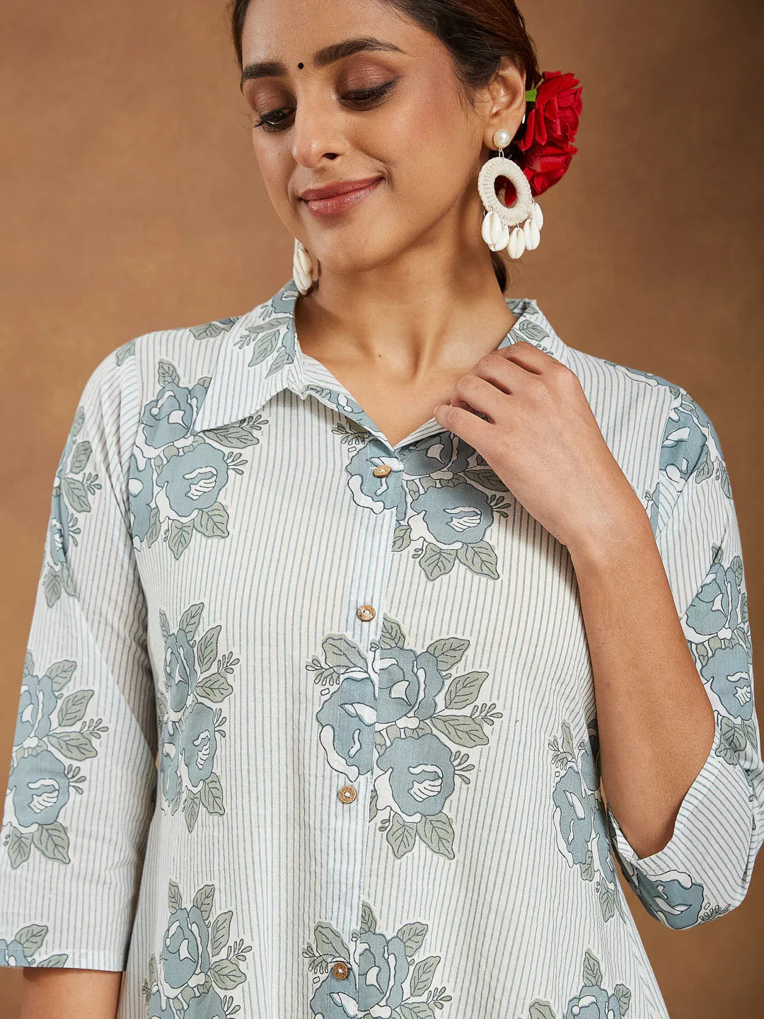 Janasya Women's White Pure Cotton Floral Printed A-line Shirt Style Kurta With Pant Set