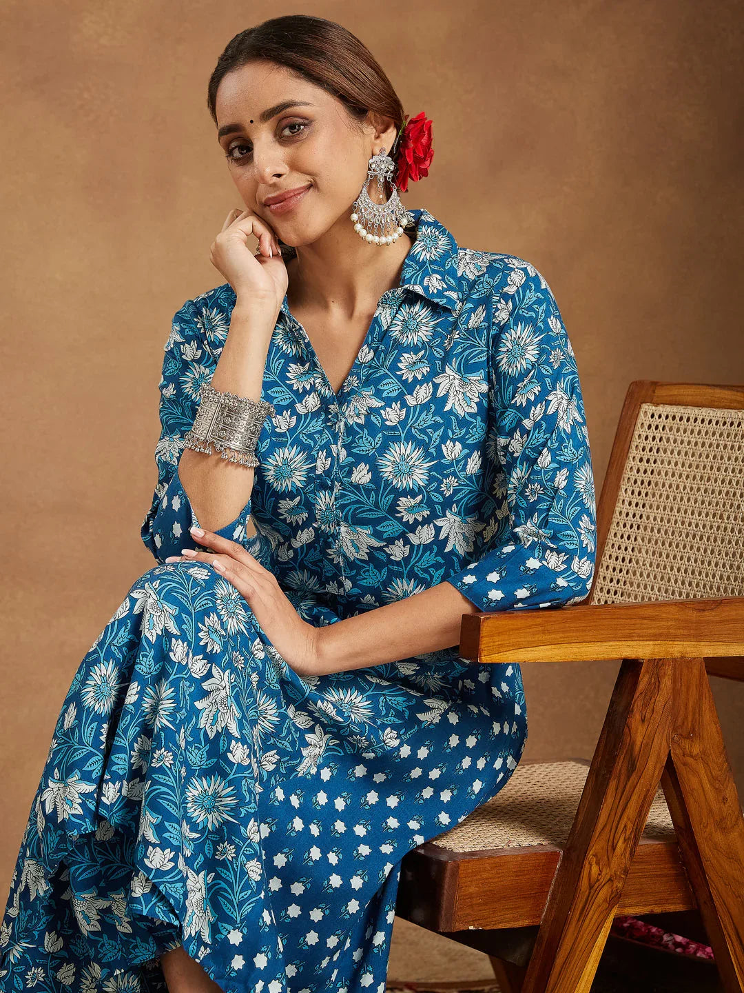 Janasya Women's Blue Pure Cotton Floral Printed A-line Kurta Set