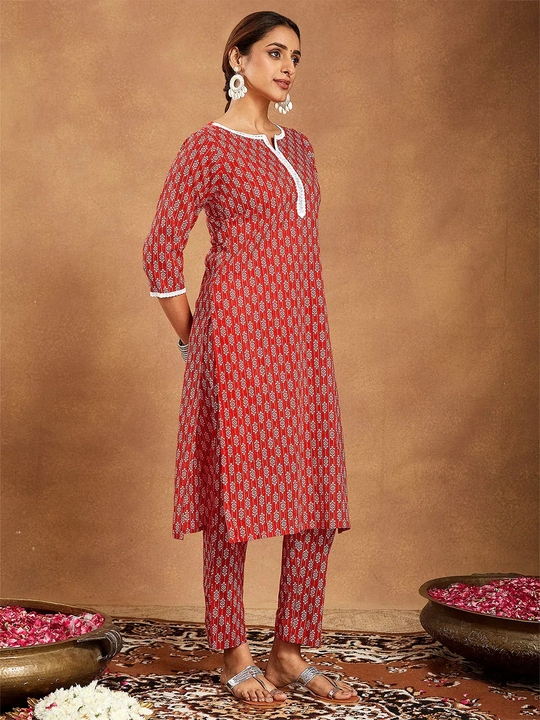 Janasya Women's Red Pure Cotton Ethnic Motifs Printed Straight Kurta Pant Set