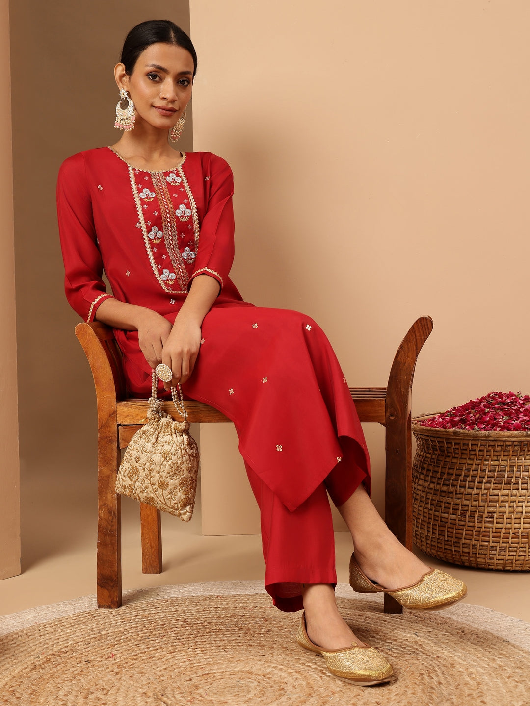 Janasya Women's Red Chanderi Silk Zari Embroidered Straight Kurta Pant Set - qivii