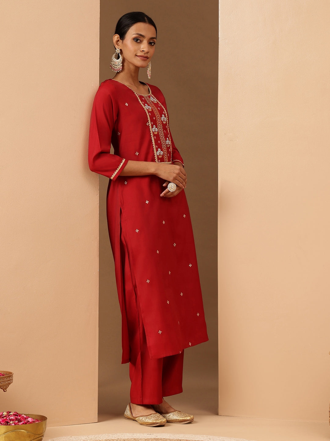 Janasya Women's Red Chanderi Silk Zari Embroidered Straight Kurta Pant Set - qivii