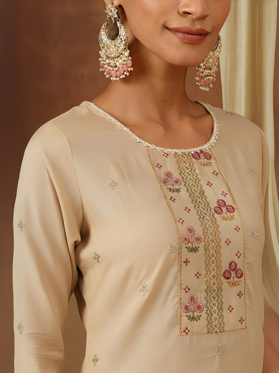 Janasya Women's Beige Chanderi Silk Zari Embroidered Straight Kurta Pant Set - qivii