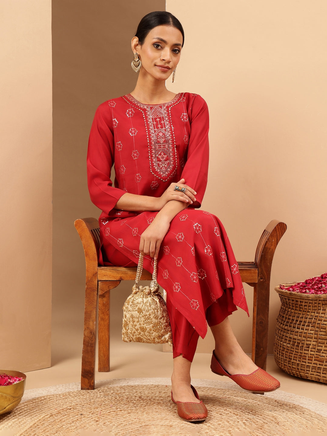 Janasya Women's Red Chanderi Silk Embellished Straight Kurta Pant Set - qivii