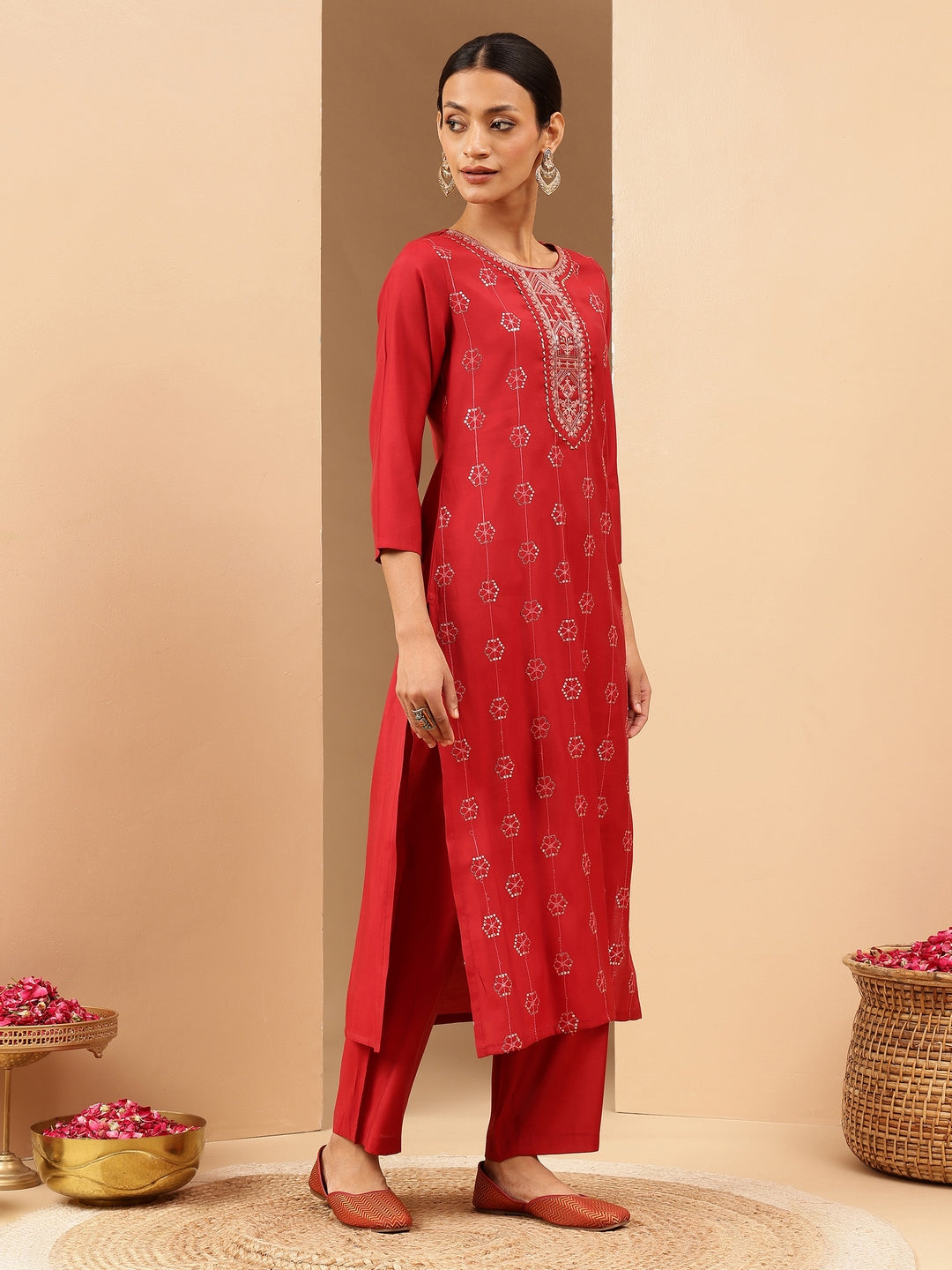 Janasya Women's Red Chanderi Silk Embellished Straight Kurta Pant Set - qivii