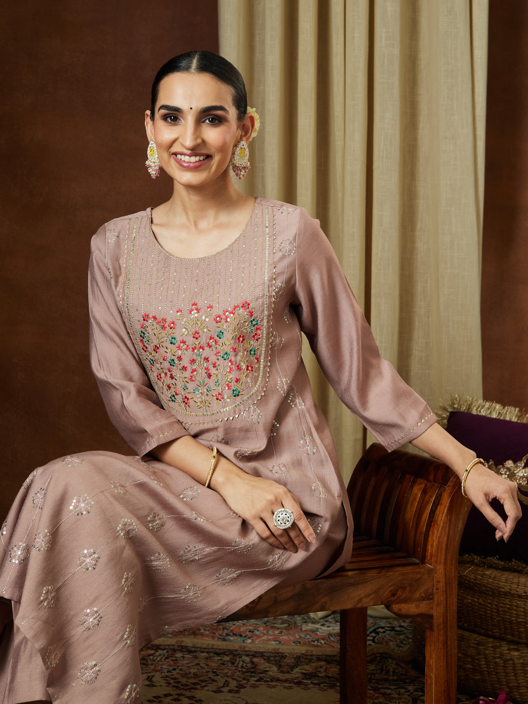 Janasya Women's Brown Silk Blend Zari Embroidered Straight Kurta Pant Set - qivii