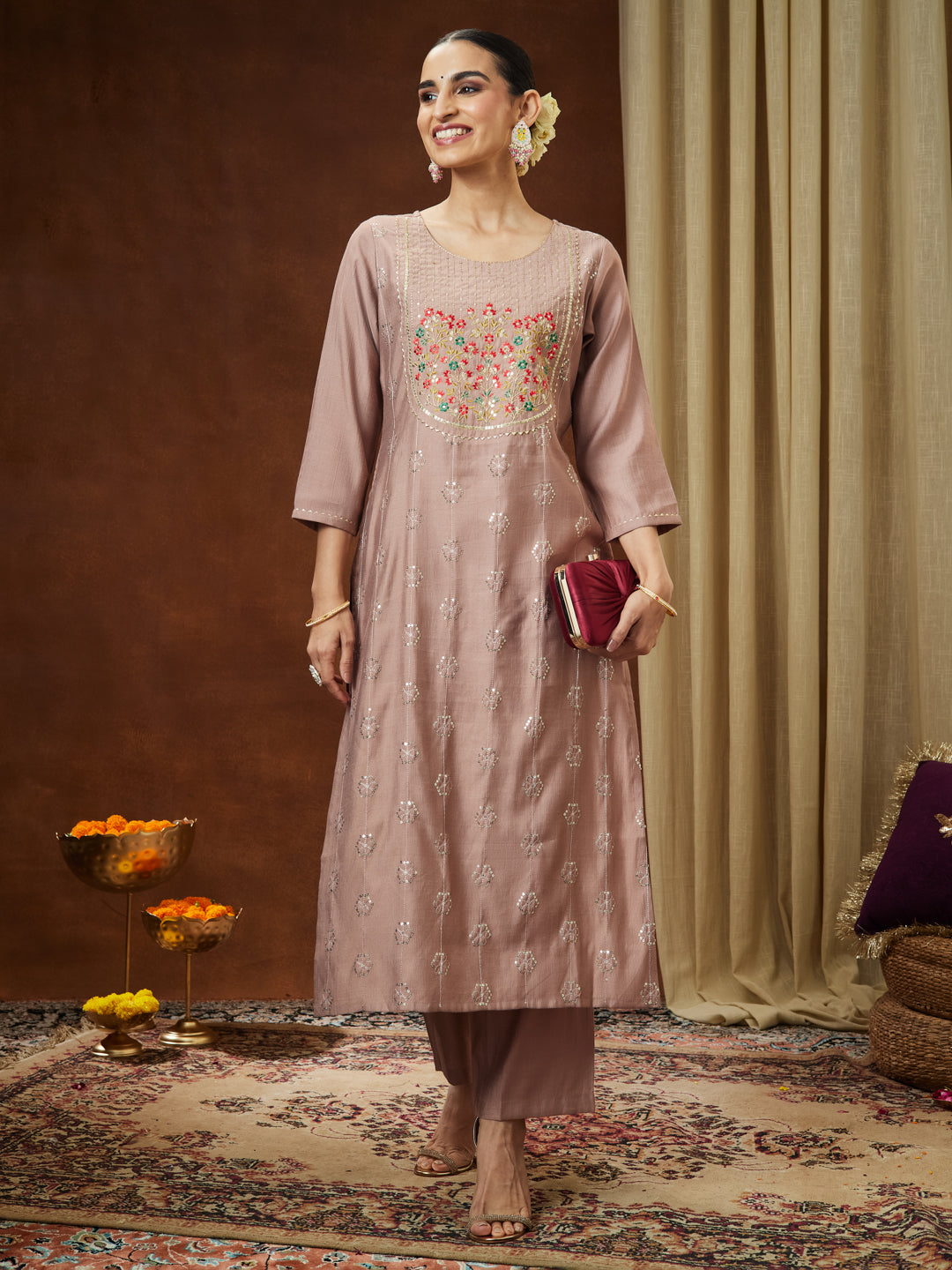 Janasya Women's Brown Silk Blend Zari Embroidered Straight Kurta Pant Set - qivii