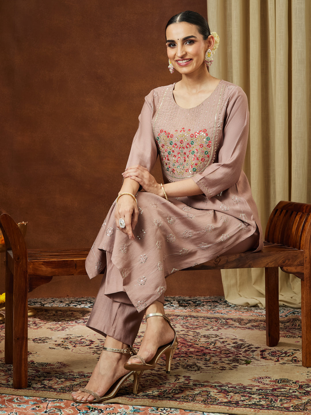 Janasya Women's Brown Silk Blend Zari Embroidered Straight Kurta Pant Set - qivii