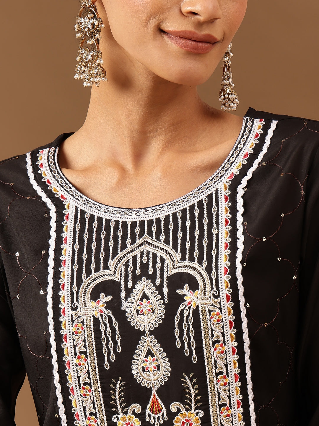 Janasya Women's Black Chanderi Silk Embroidered Straight Kurta Pant Set - qivii