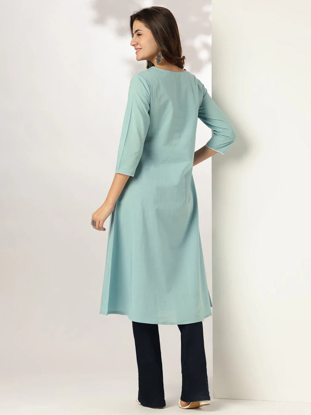 Janasya Women's Light Blue Pure Cotton Yoke Embroidered A-line Kurta