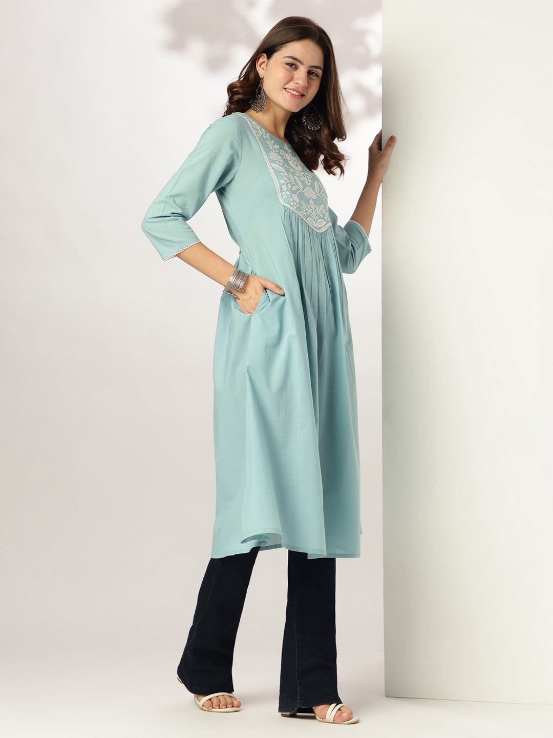 Janasya Women's Light Blue Pure Cotton Yoke Embroidered A-line Kurta - qivii