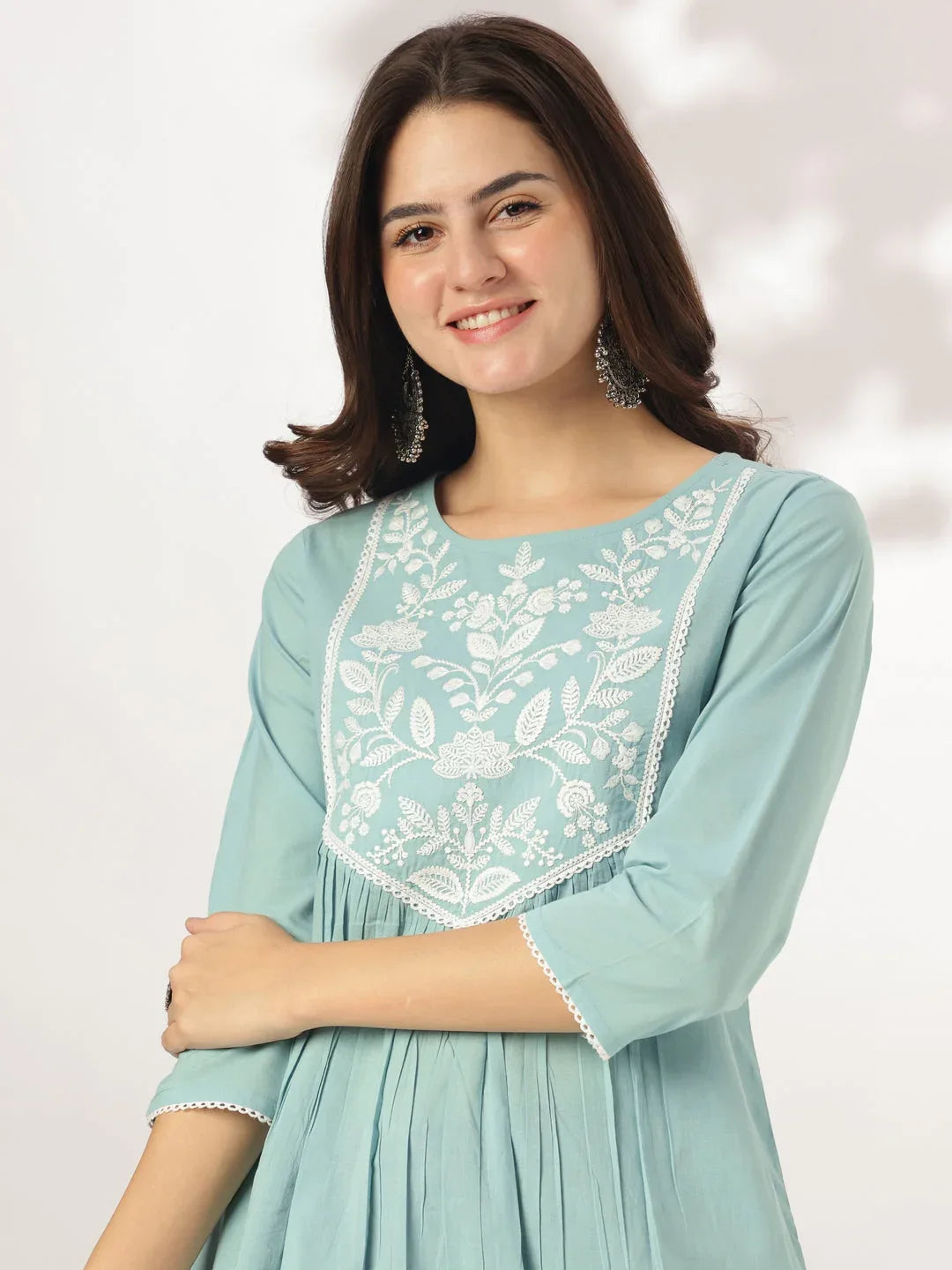 Janasya Women's Light Blue Pure Cotton Yoke Embroidered A-line Kurta