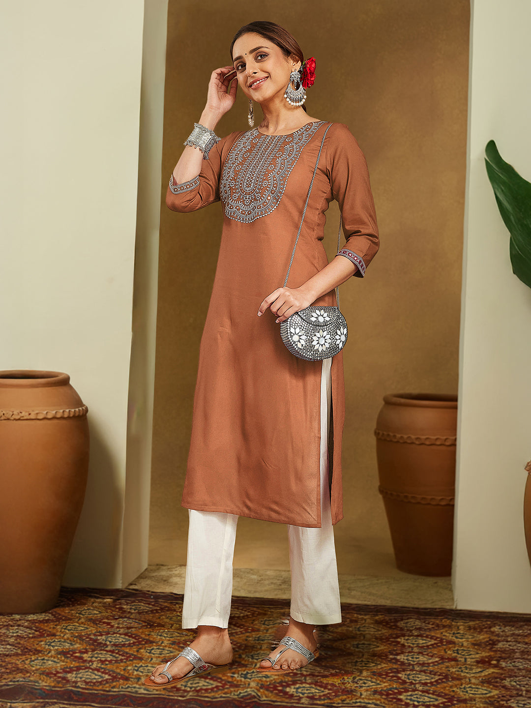 Janasya Women's Brown Rayon Embroidered Straight Kurta - qivii