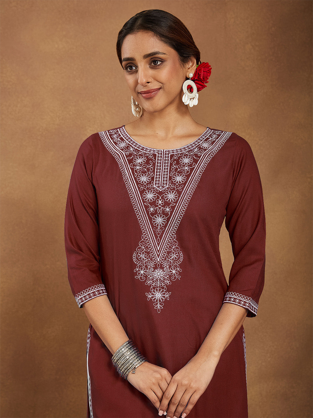 Janasya Women's Maroon Rayon Embroidered Straight Kurta - qivii