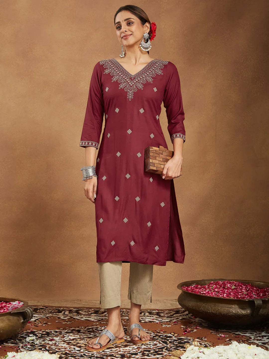 Janasya Women's Maroon Rayon Embroidered Straight Kurta