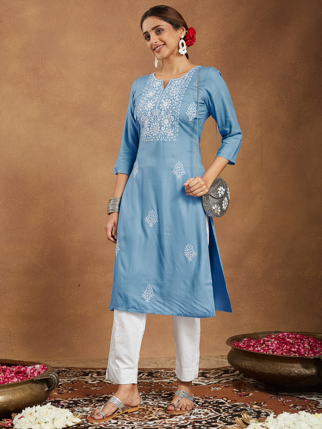 Janasya Women's Sky Blue Rayon Embroidered Straight Kurta - qivii