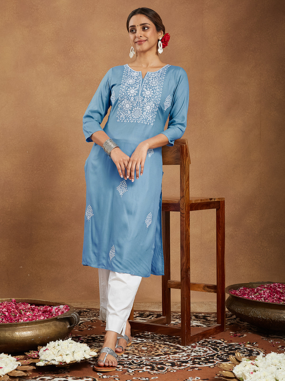 Janasya Women's Sky Blue Rayon Embroidered Straight Kurta - qivii
