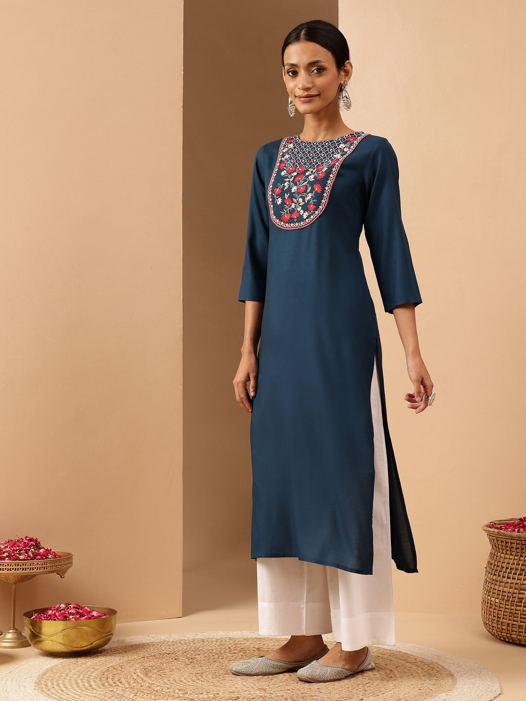 Janasya Women's Teal Blue Rayon Yoke Embroidered Straight Kurta - qivii
