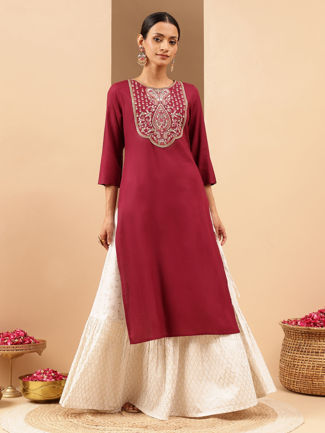 Janasya Women's Wine Royan Yoke Embroidered Straight Kurta - qivii