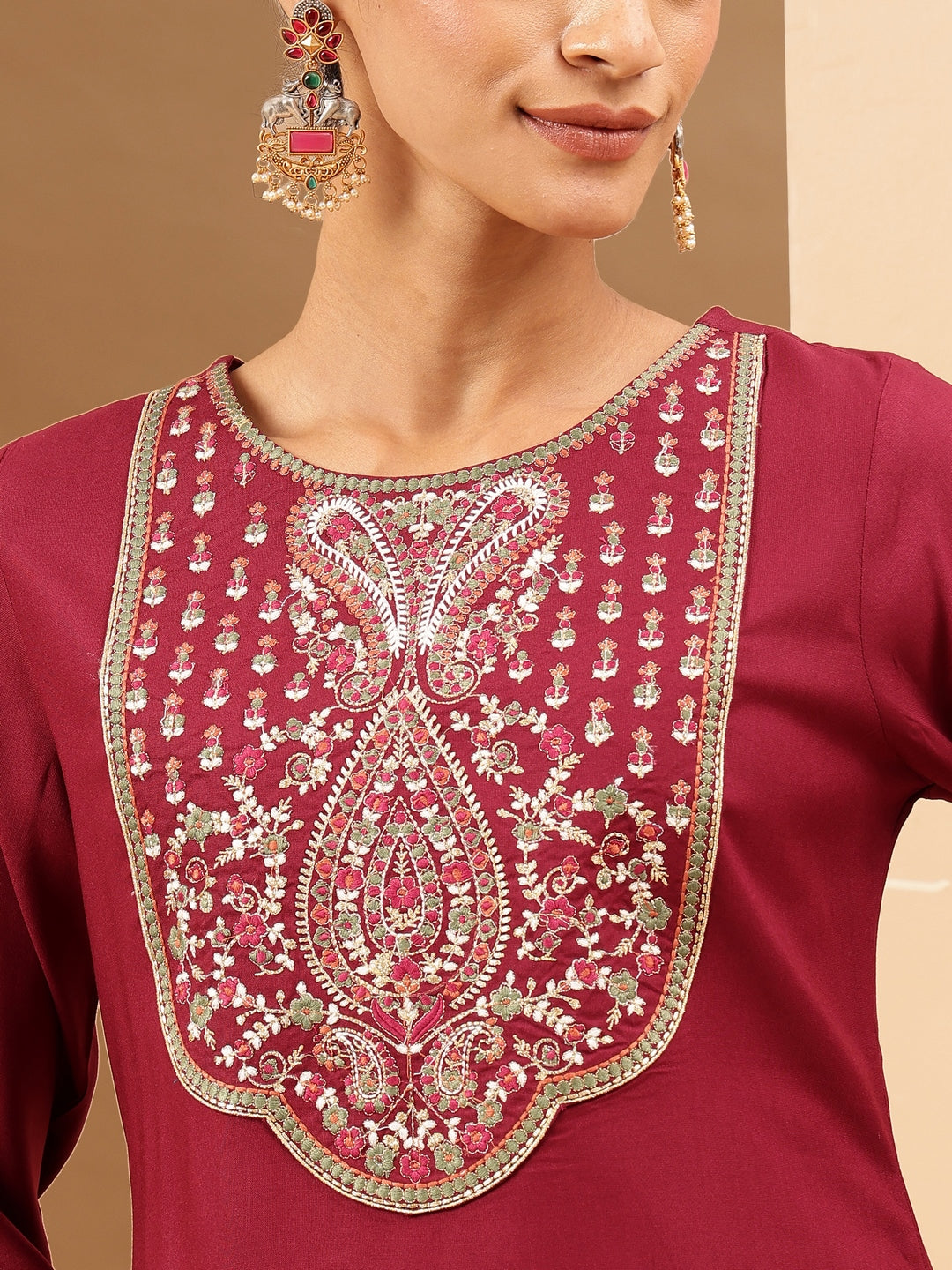 Janasya Women's Wine Royan Yoke Embroidered Straight Kurta - qivii