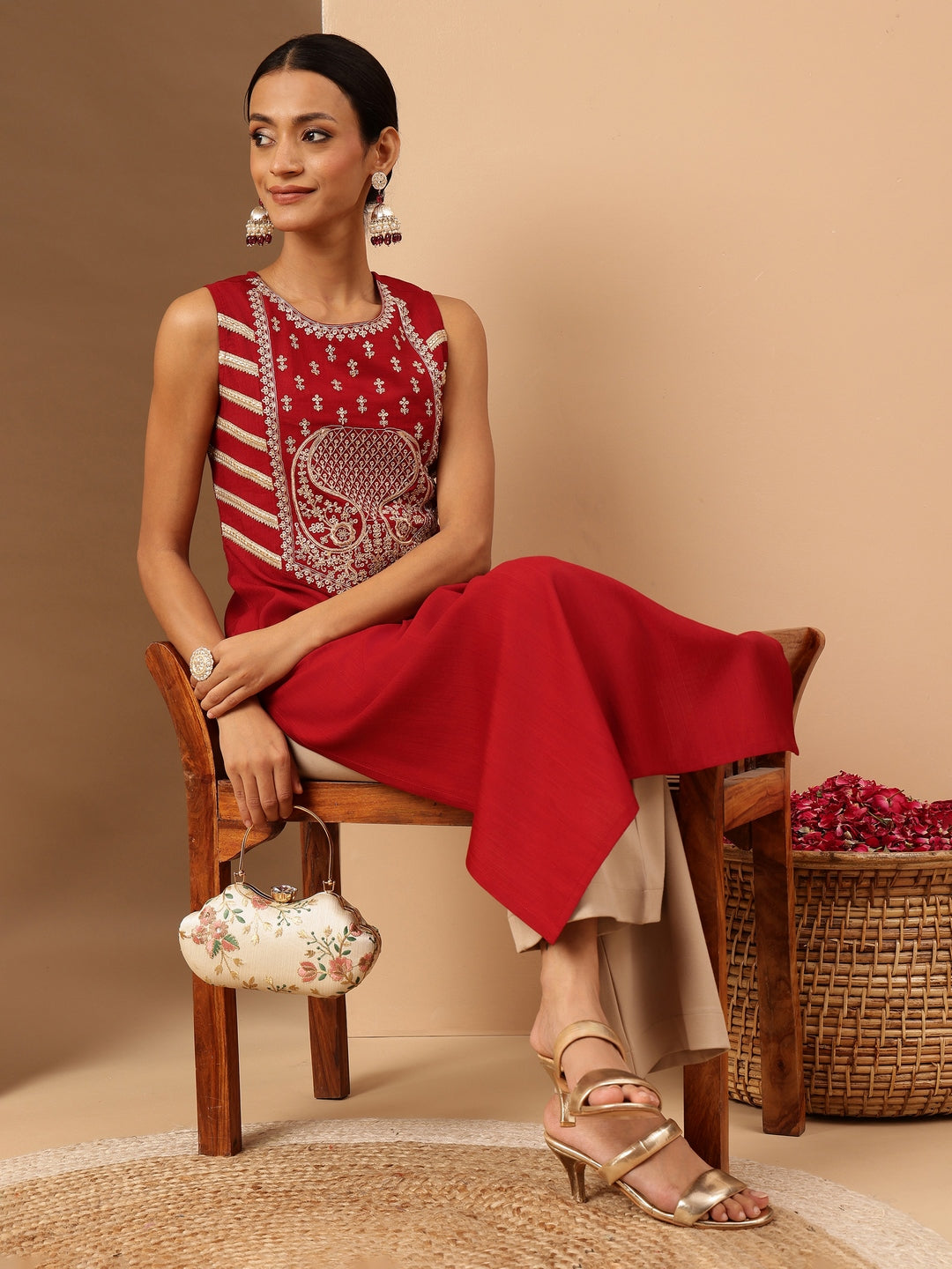 Janasya Women's Red Silk Blend Zari Embroidered Straight Kurta - qivii