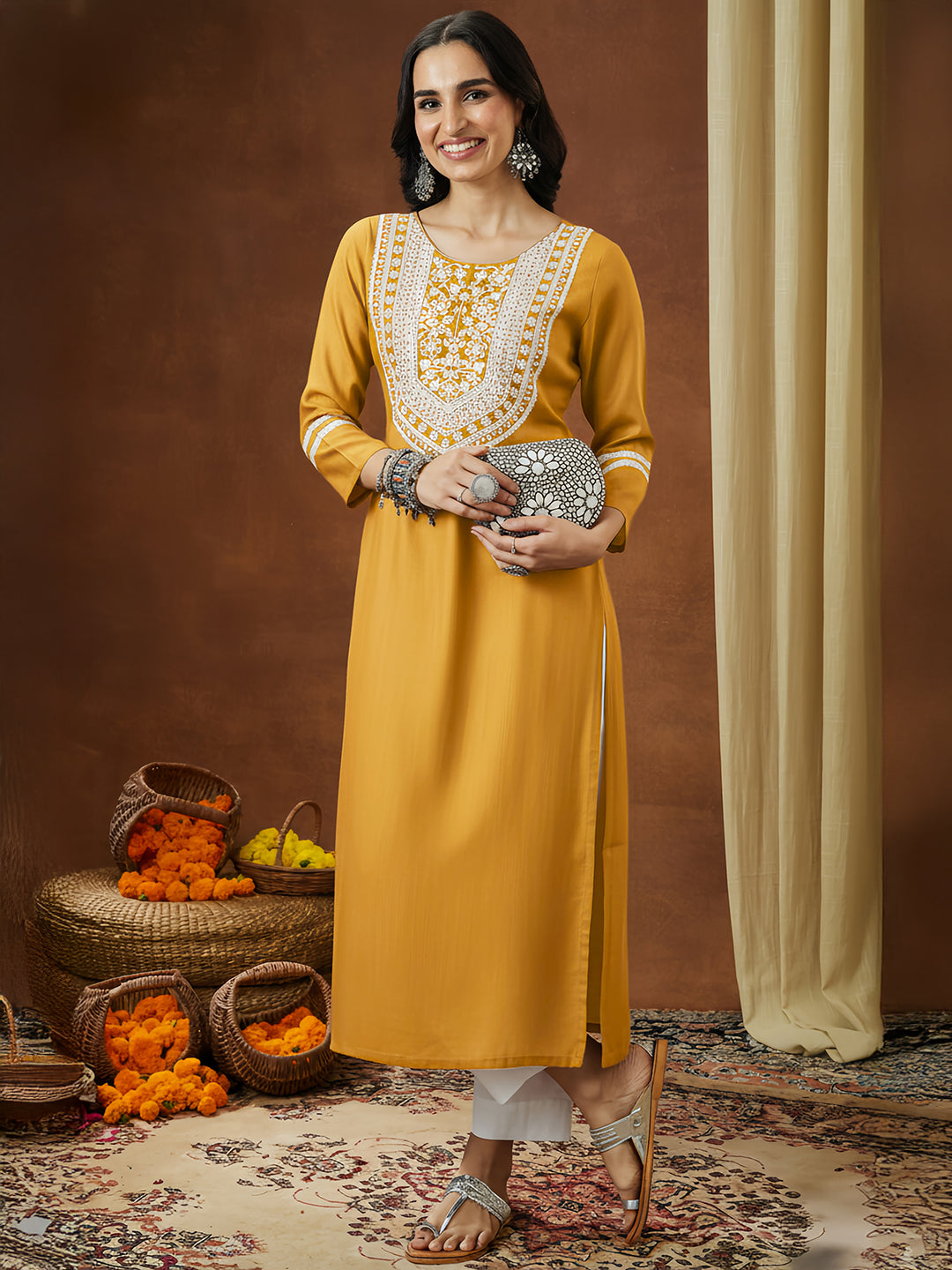 Janasya Women's Mustard Silk Blend Embroidered Straight Kurta