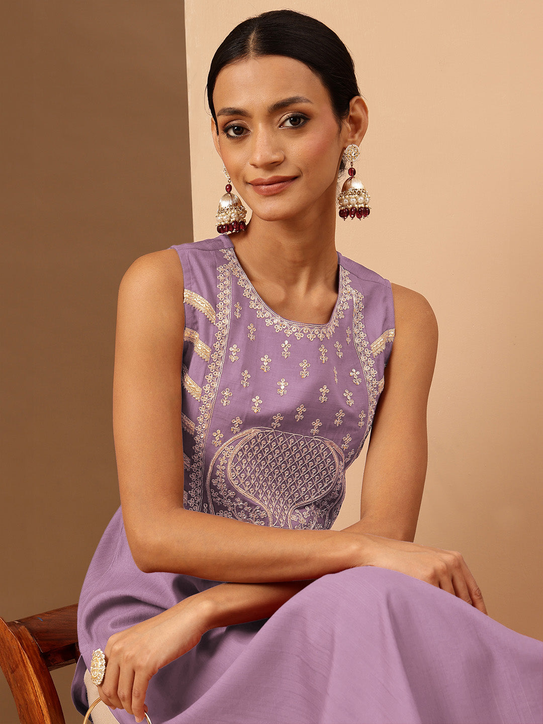 Janasya Women's Lavender Silk Blend Zari Embroidered Straight Kurta - qivii