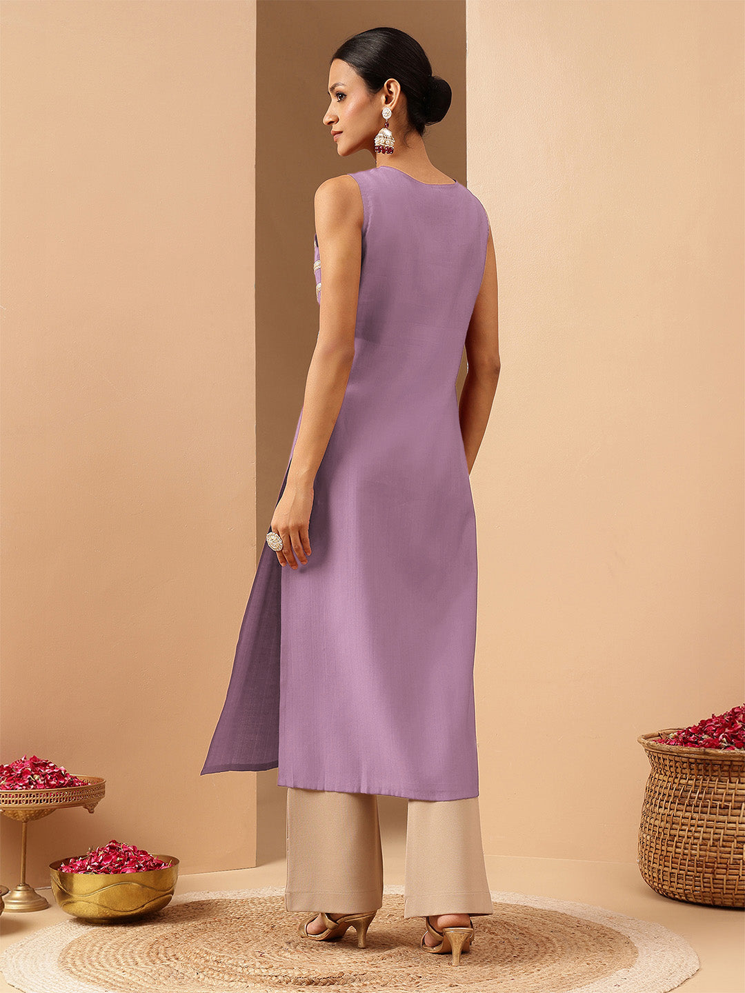 Janasya Women's Lavender Silk Blend Zari Embroidered Straight Kurta - qivii