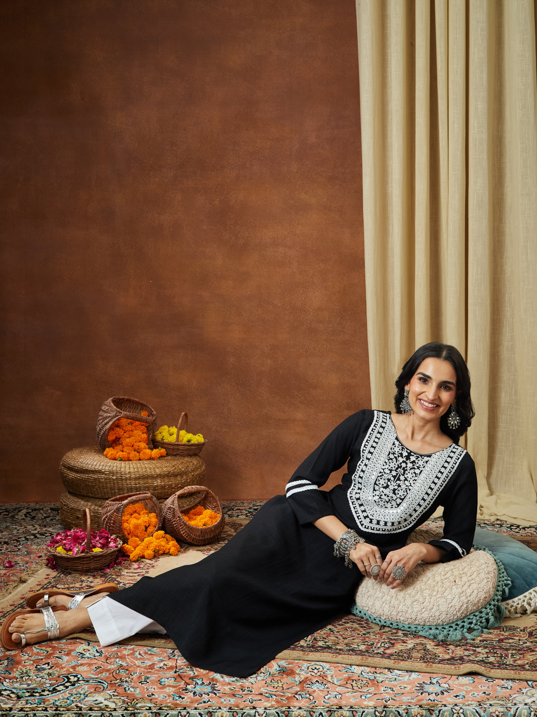 Janasya Women's Black Silk Blend Embroidered Straight Kurta - qivii