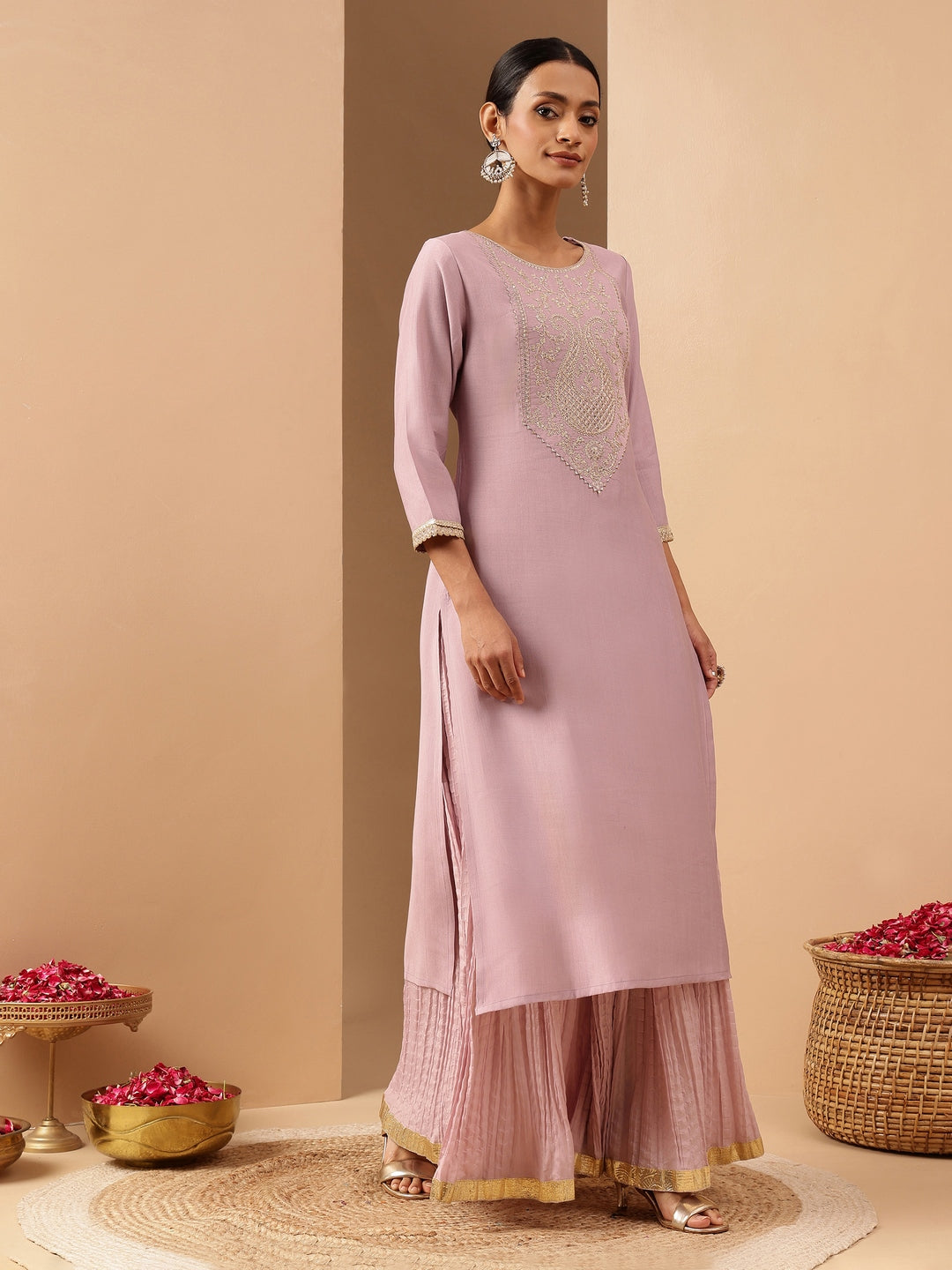 Janasya Women's Lavender Silk Blend Yoke Embroidered Straight Kurta - qivii