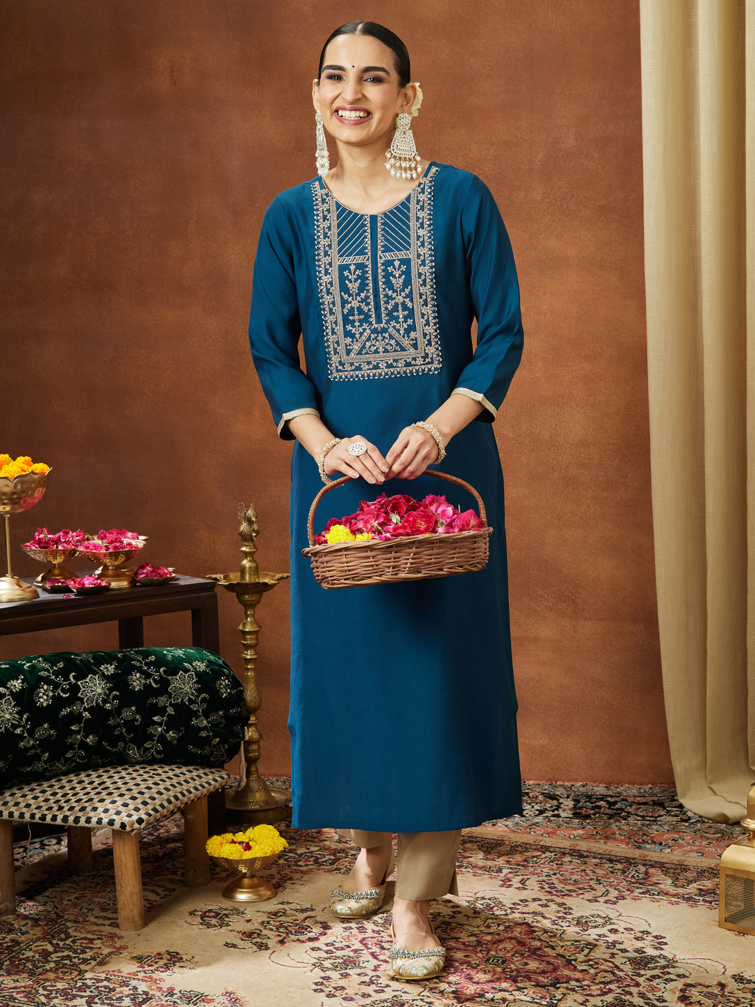 Janasya Women's Teal Blue Chanderi Silk Zari Yoke Embroidery Straight Kurta - qivii