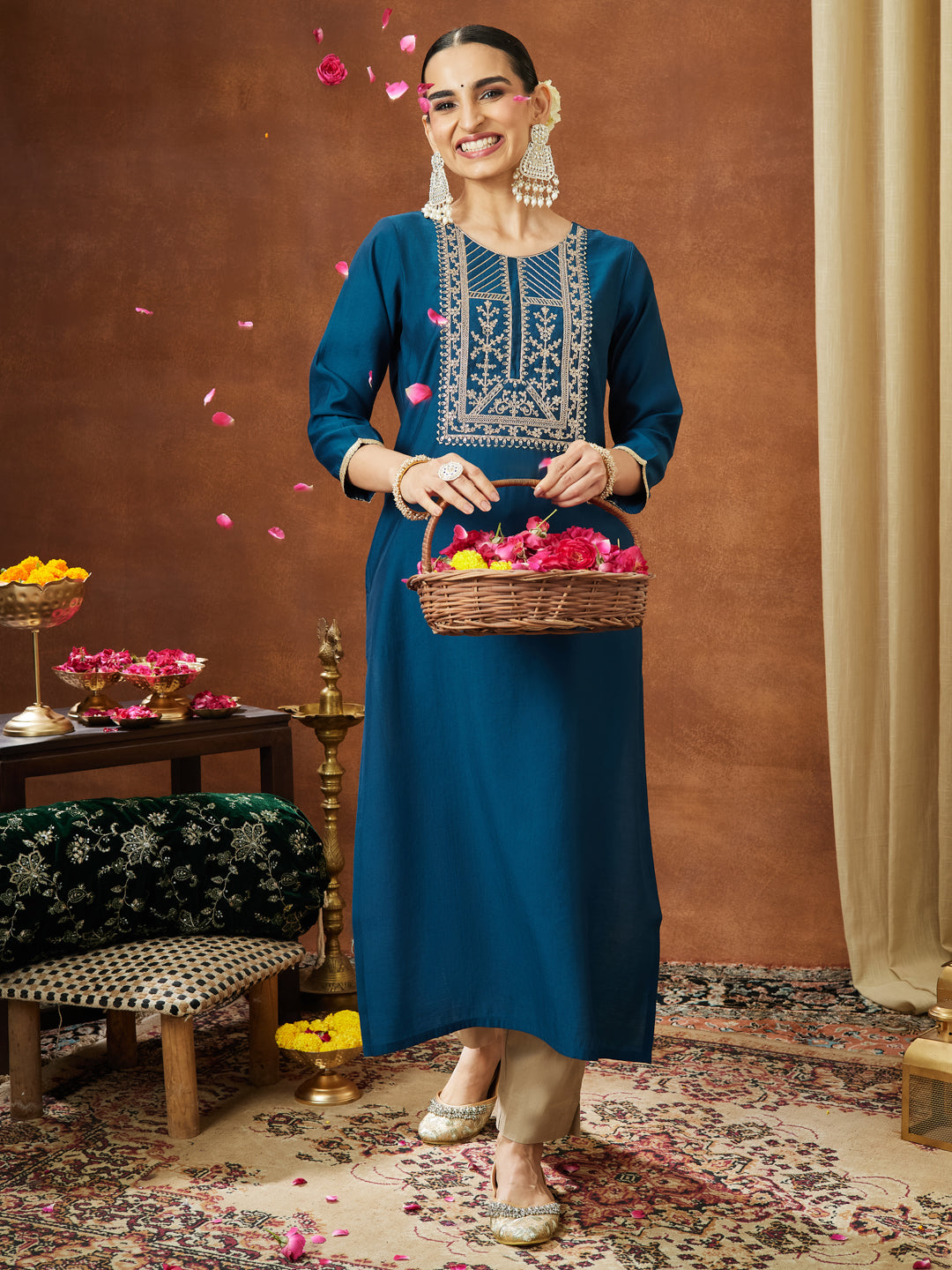 Janasya Women's Teal Blue Chanderi Silk Zari Yoke Embroidery Straight Kurta - qivii