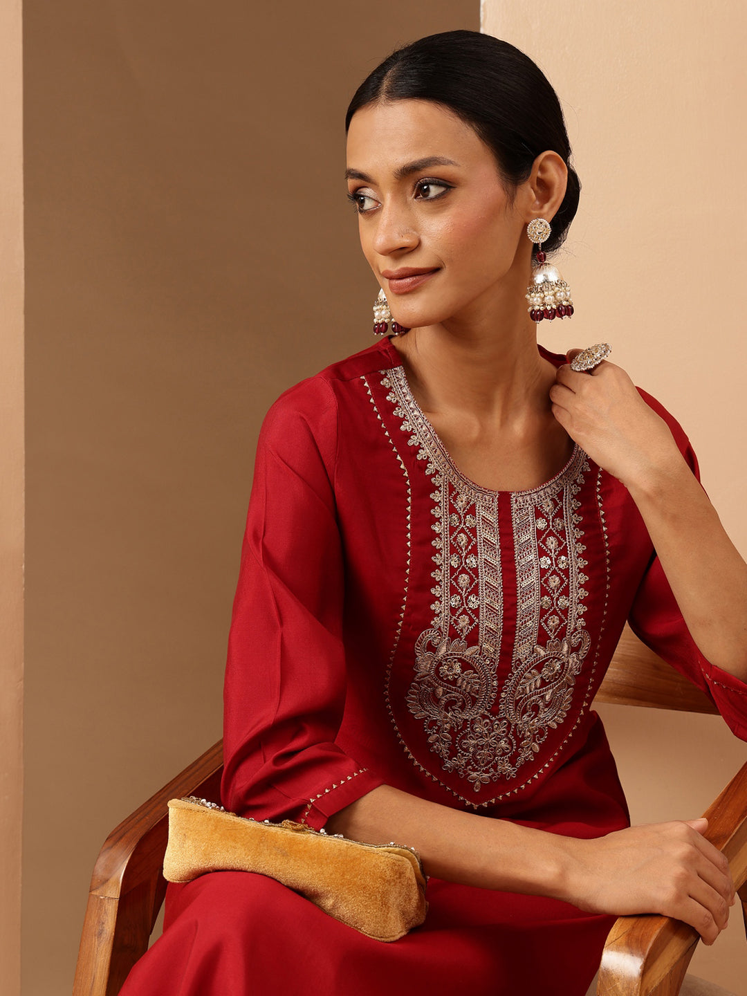 Janasya Women's Maroon Chanderi Silk Yoke Embroidered Straight Kurta. - qivii