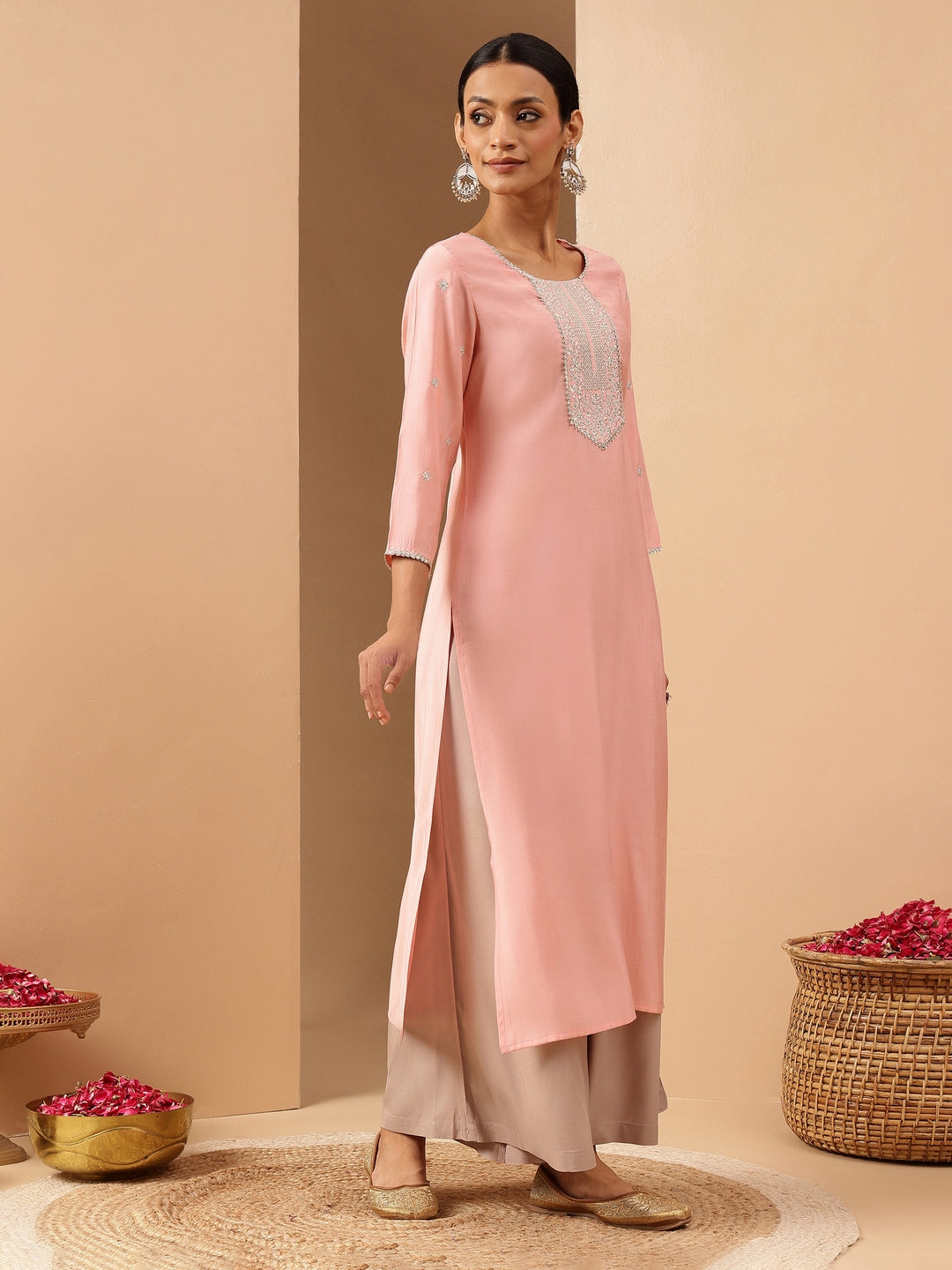 Janasya Women's Soft Pink Chanderi Silk Zari Embroidered Straight Kurta - qivii