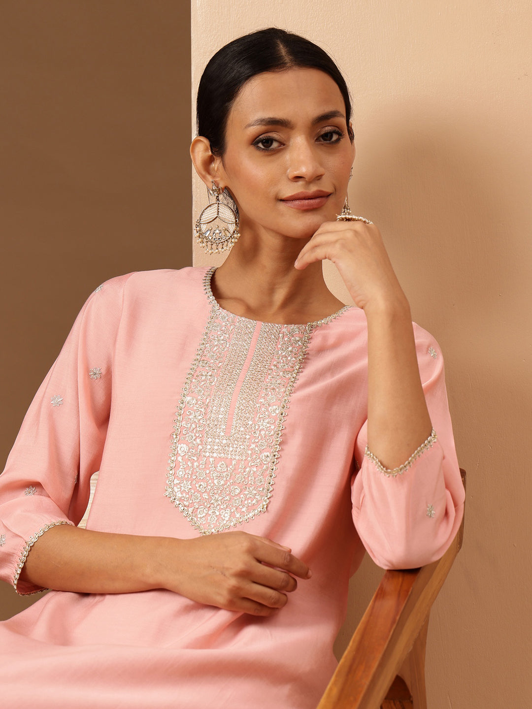 Janasya Women's Soft Pink Chanderi Silk Zari Embroidered Straight Kurta - qivii