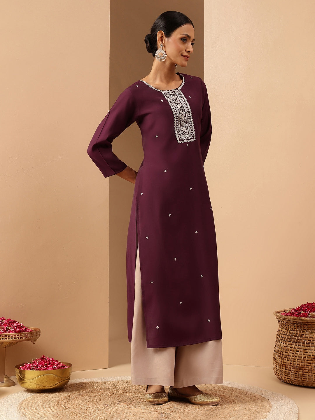 Janasya Women's Wine Chanderi Silk Embroidered Straight Kurta - qivii