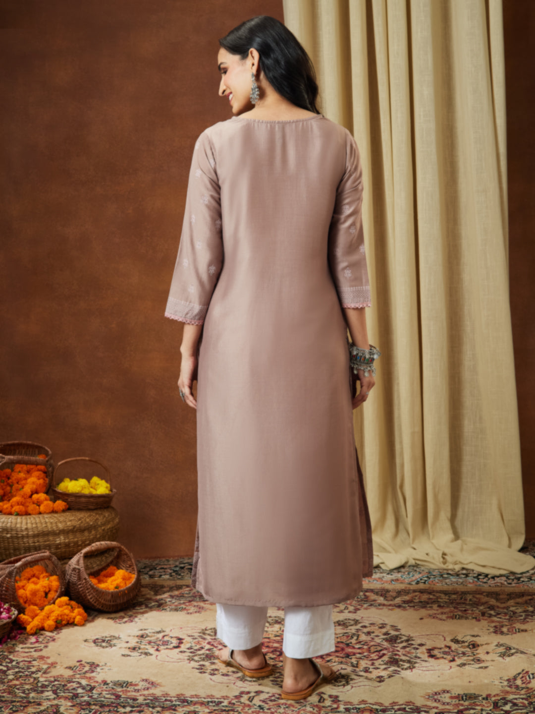 Janasya Women's Brown Silk Blend Ethnic Printed Straight Kurta Set